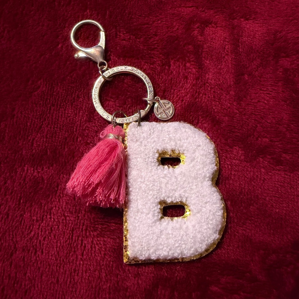 Simply Southern Initial B Keychain Chenille Gold Glitter Pink Tassel Gold Tone